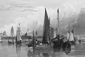 This engraving from Lancashire Illustrated "Liverpool from the Mersey" has in the background some of the port's distinctive buildings. It is the second of four views (dated 1829) under this title, and subtitled "Commencing at the Prince's Dock". From http://victorianpage.com/26.html.